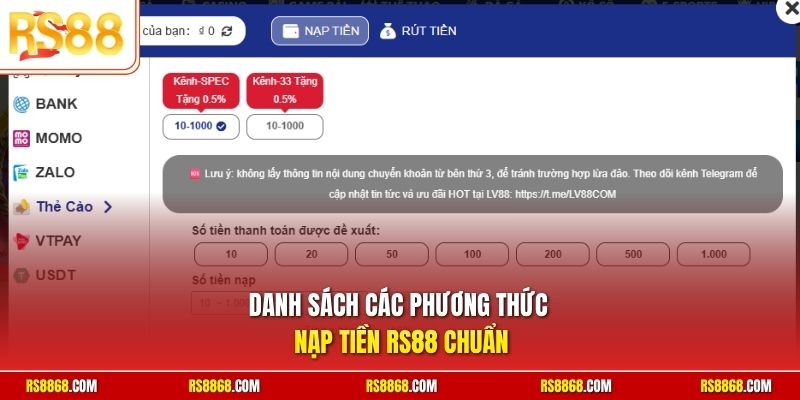 Danh sách các phương thức nạp tiền RS88 chuẩn